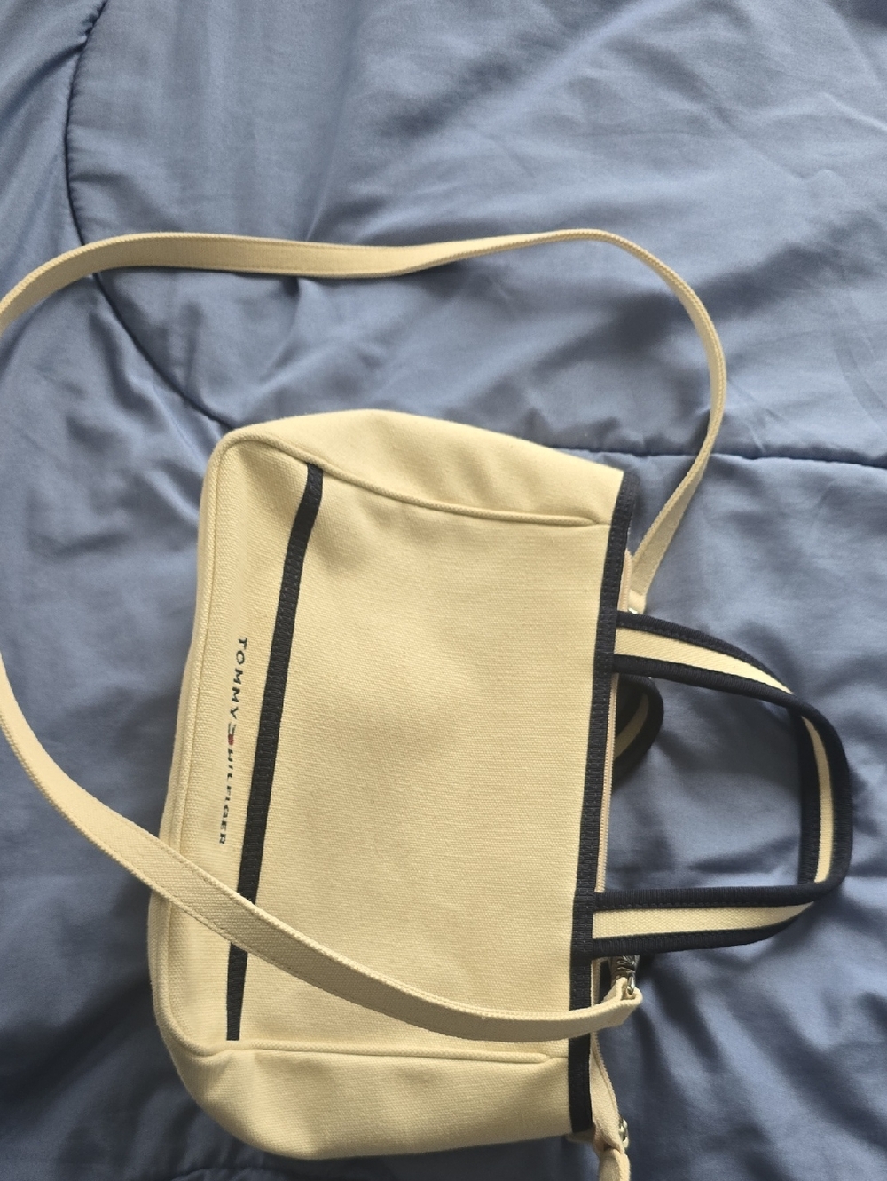 Tommy Hilfiger Cream and Navy Canvas Shoulder Bag